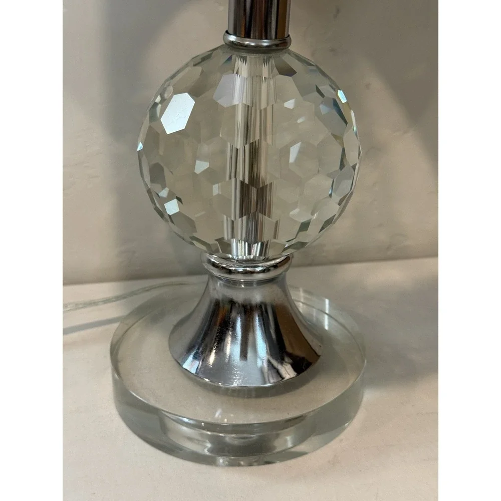 Faceted Crystal Orb Chrome Lucite Table Lamp Drum Shade Accent Bedside Light